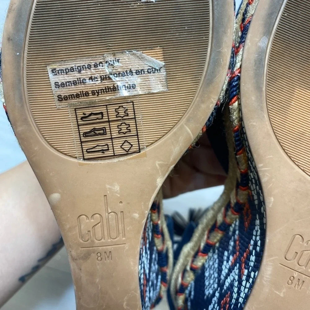 Cabi Navy Blue Suede Espadrille Wedge Sandals Lace Up Tassel‎ Embroidered 8M